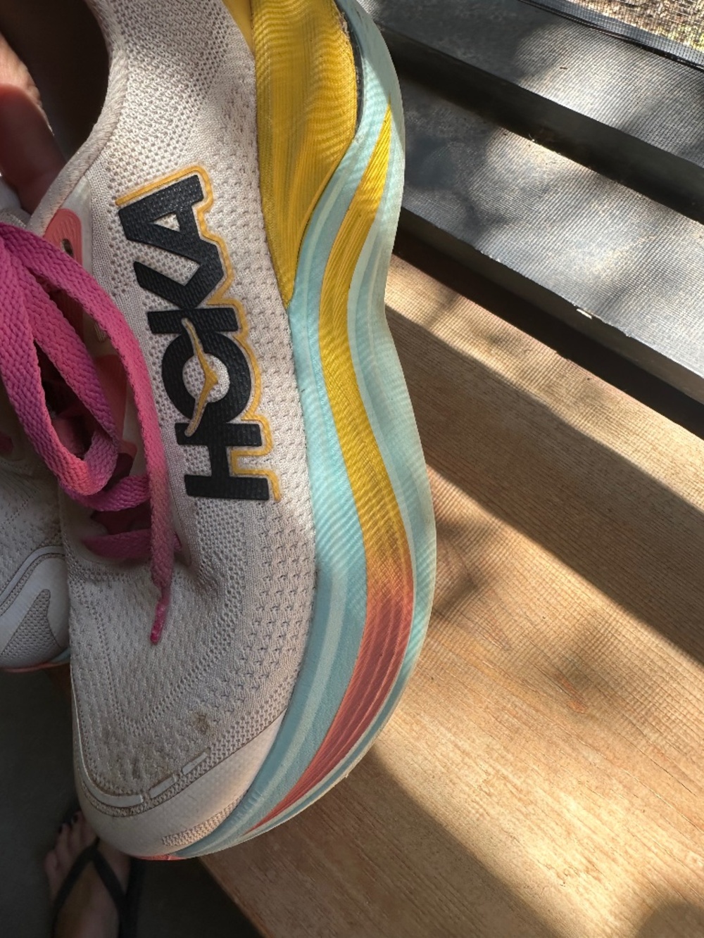 HOKA Woman’s Sneakers in White & Yellow with Blue Soles, US 7.5 B